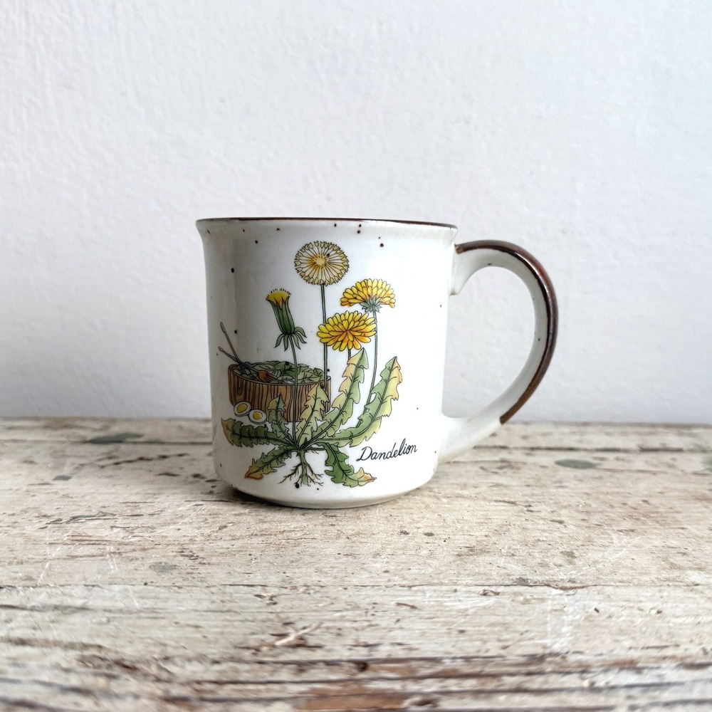 Vintage Japan Dandelion Stoneware Mug Speckled Ceramic Botanical Coffee Cup 4in